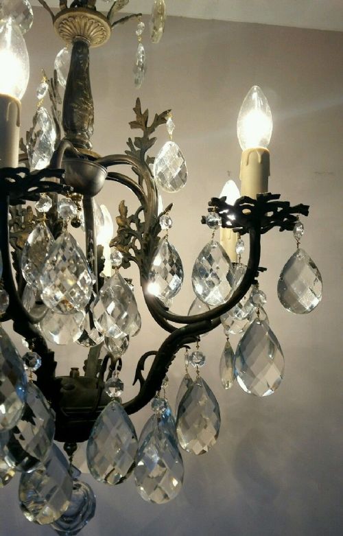 fig 1. French c1910 6 Arm Birdcage Crystal Chandelier Fully Restored
