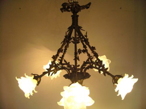 fig 1. Chic French c1910 5 arm Flower Basket Chandelier, Fully Restored