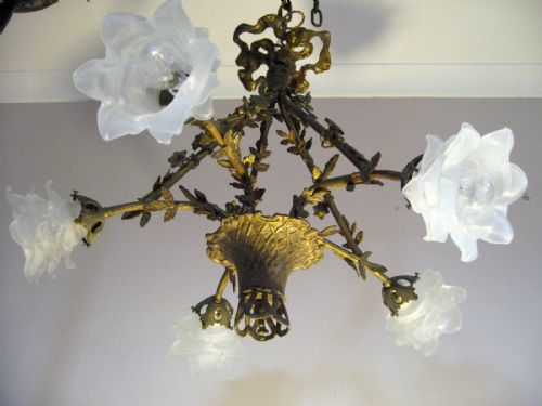 fig 2. Chic French c1910 5 arm Flower Basket Chandelier, Fully Restored