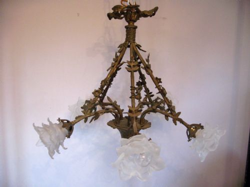 fig 3. Chic French c1910 5 arm Flower Basket Chandelier, Fully Restored