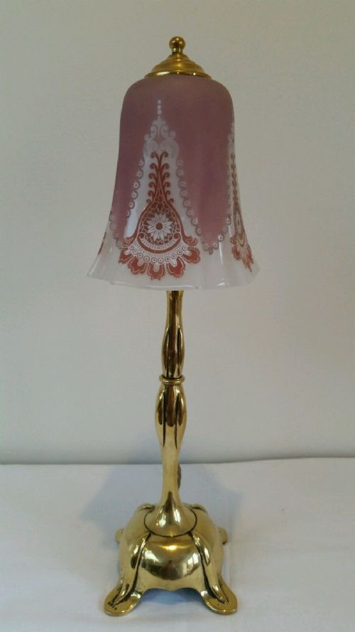 Edwardian Elegant Brass Table Lamp with Etched Glass Shade. Fully Rewired
