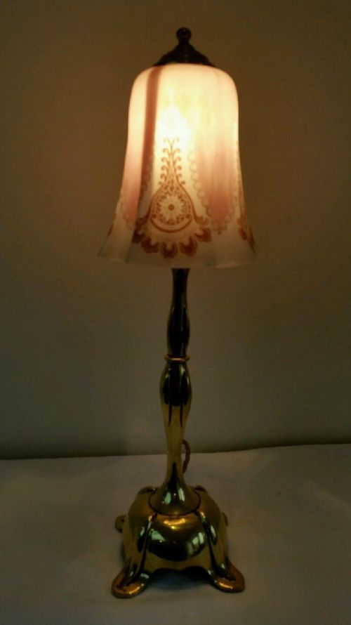 fig 1. Edwardian Elegant Brass Table Lamp with Etched Glass Shade. Fully Rewired