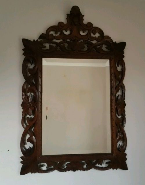 Early Victorian Wall Bevelled Mirror with Carved Oak Frame