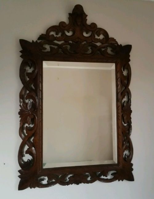 fig 1. Early Victorian Wall Bevelled Mirror with Carved Oak Frame