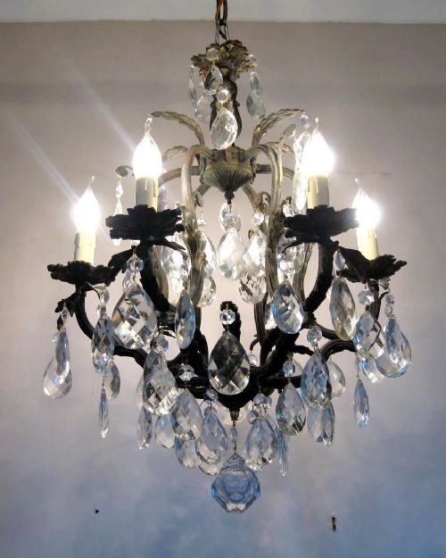 French C1910 6 Arm Crystal Birdcage Chandelier Fully Restored