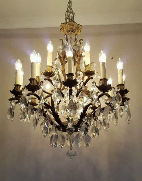 fig 1. Large French c1910 18 Arm Birdcage Crystal Chandelier Fully Restored
