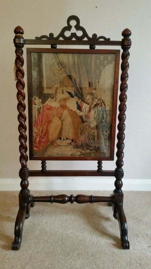Victorian Fire Screen with Barley Twist and Biblical Tapestry