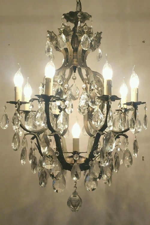 fig 1. French c1910 8 Arm Birdcage Crystal Chandelier Fully Restored