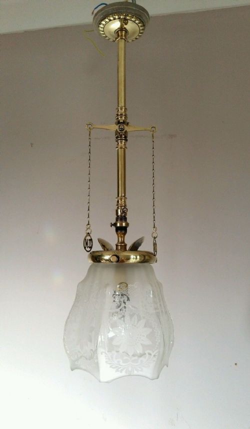 Victorian Gas Ceiling Lamp Original Acid Etched Shade Rewired