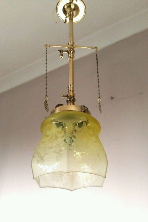 fig 1. Victorian Gas Ceiling Light Original Acid Etched Shade Rewired