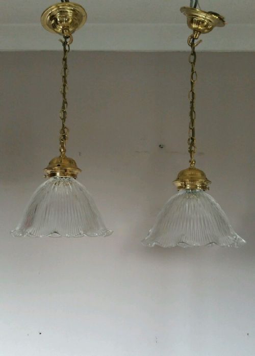 Pair Edwardian Halophane Ceiling Lamps. Rewired