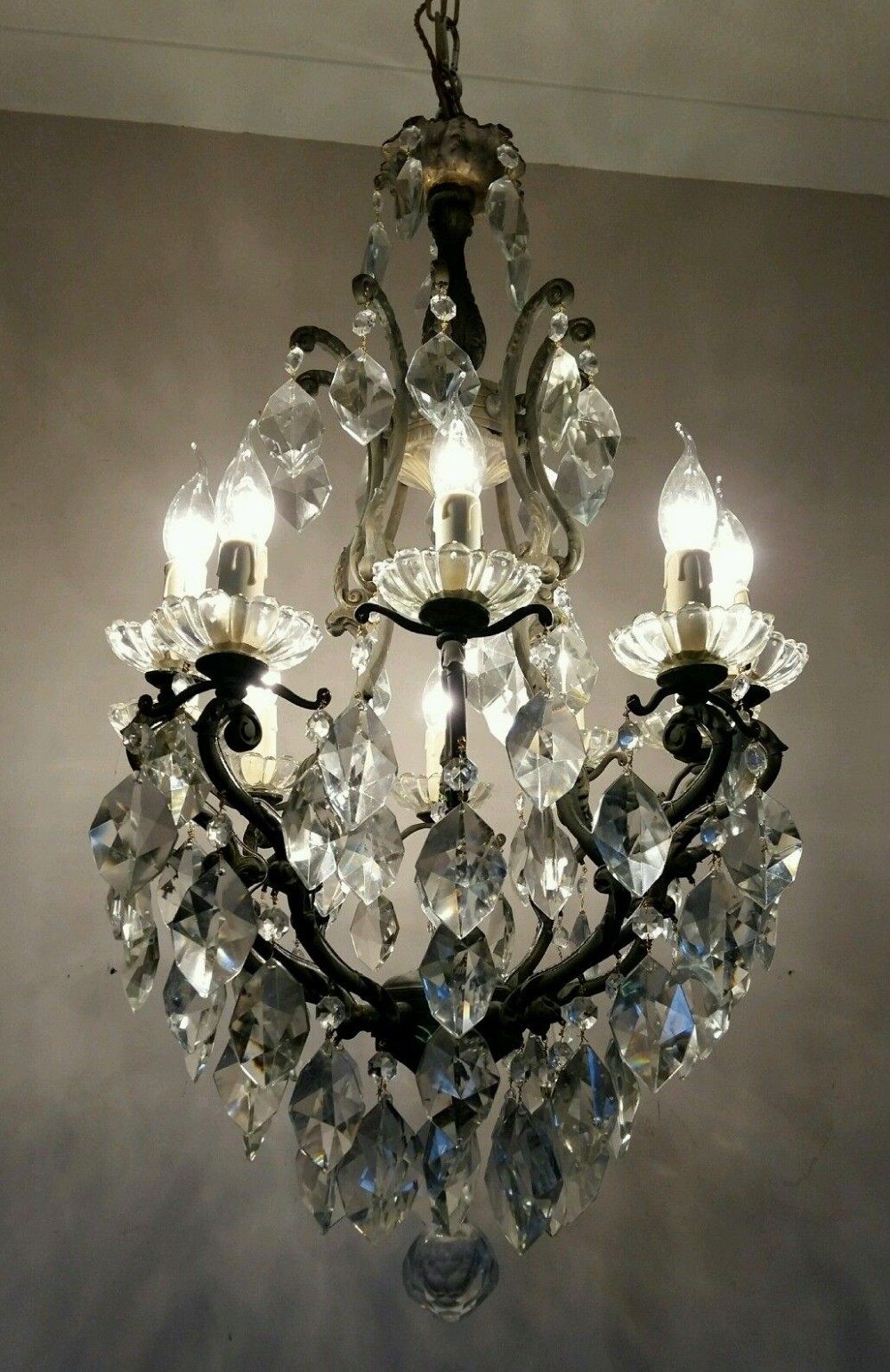 French c1910 10 Arm Birdcage Crystal Chandelier Fully Restored