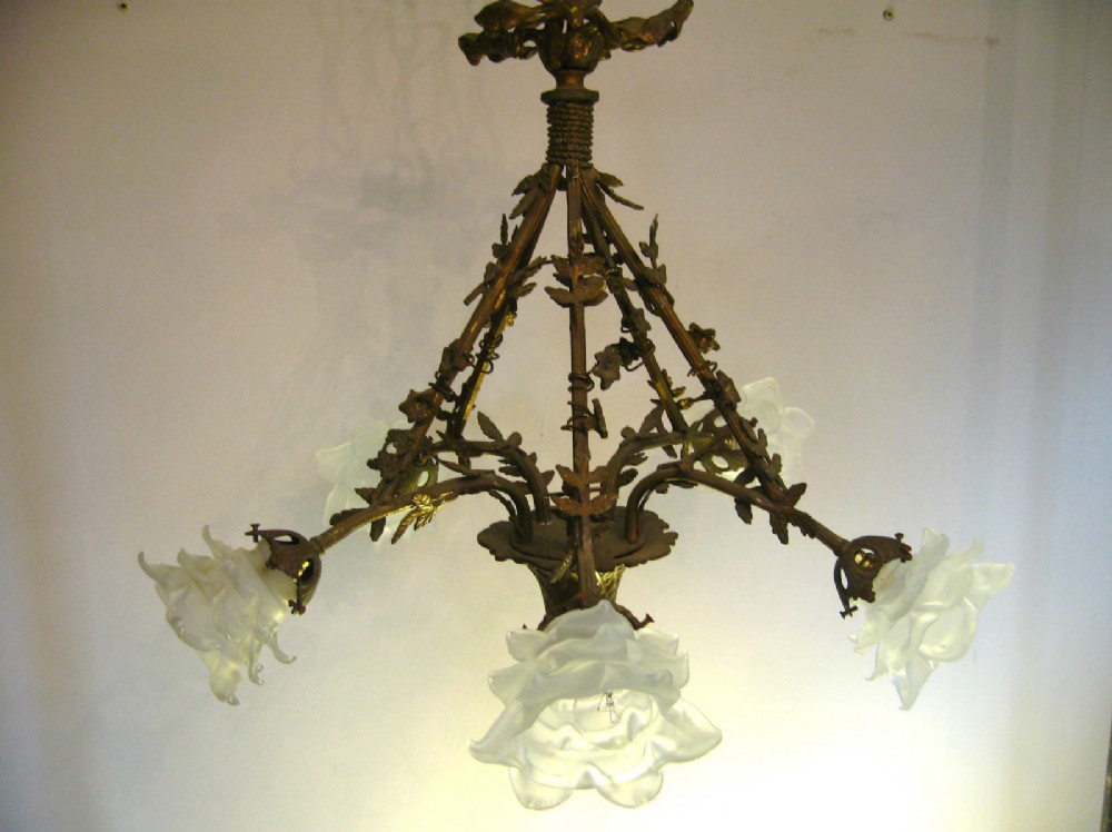 Chic French c1910 5 arm Flower Basket Chandelier, Fully Restored