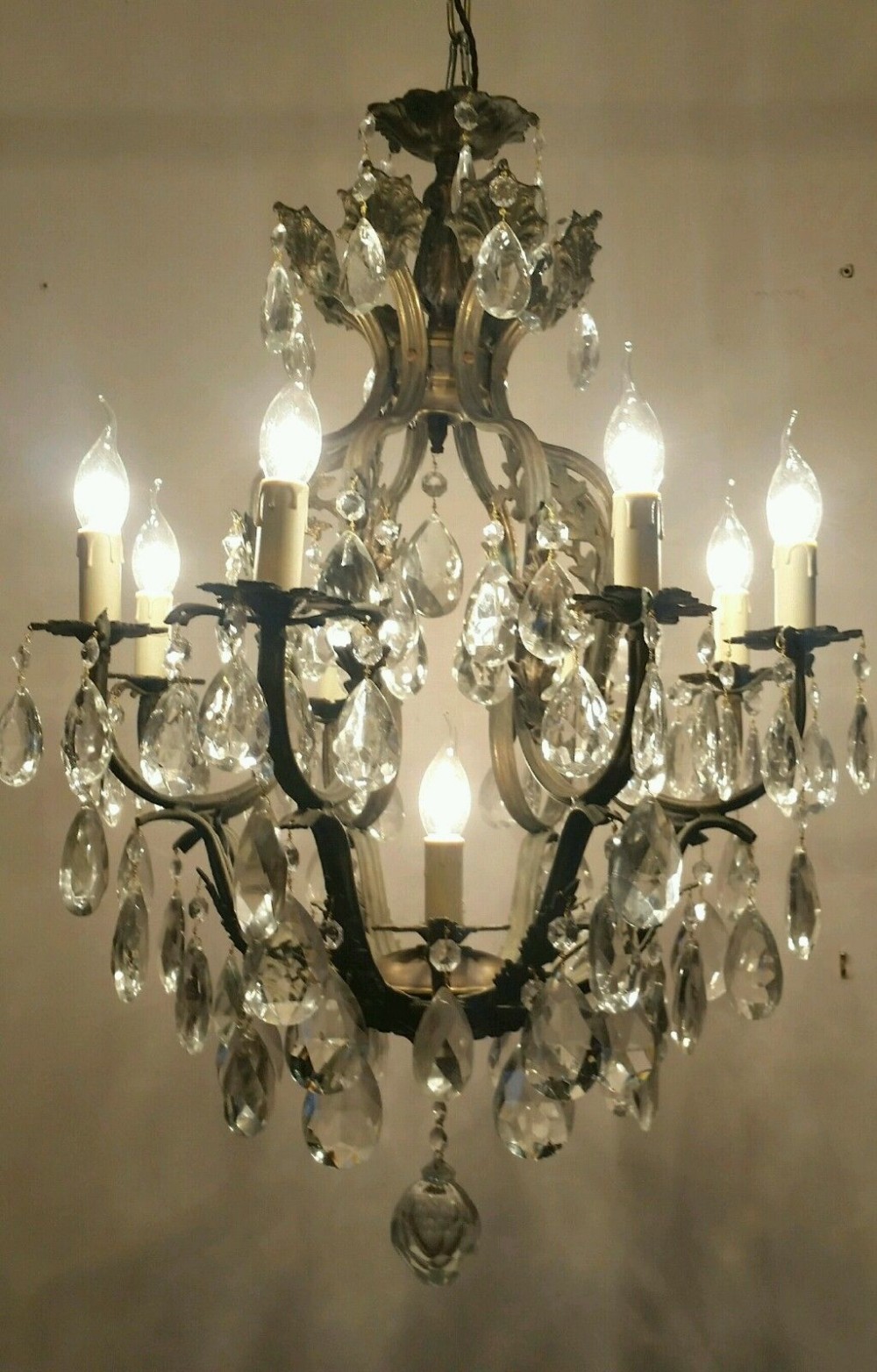 French c1910 8 Arm Birdcage Crystal Chandelier Fully Restored 