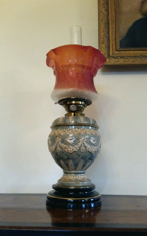 Victorian Doulton Lambeth Hinks Duplex Twin Burner Oil Lamp Cranberry Shade