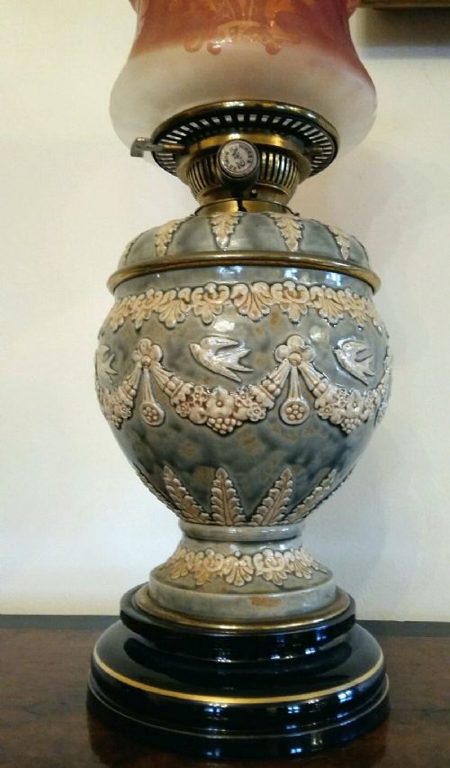 fig 1. Victorian Doulton Lambeth Hinks Duplex Twin Burner Oil Lamp Cranberry Shade
