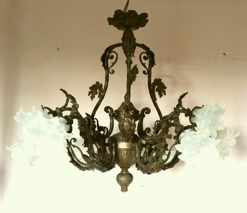 French C1900 Quality Ornate 9 Arm Gilt Brass Chandelier