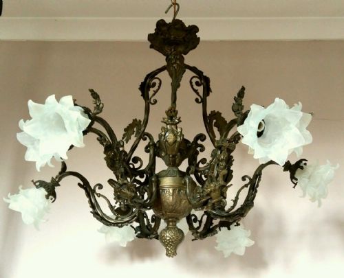 fig 1. French c1900 Quality Ornate 9 Arm Gilt Brass Chandelier