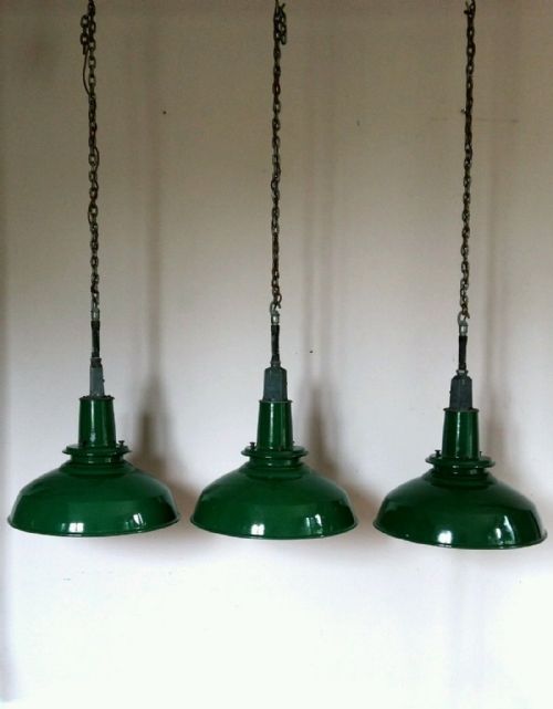 Pair Vintage Original Large Green Enamel Industrial Ceiling Lamps. Rewired