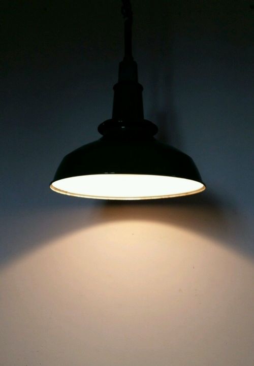 fig 1. Pair Vintage Original Large Green Enamel Industrial Ceiling Lamps. Rewired
