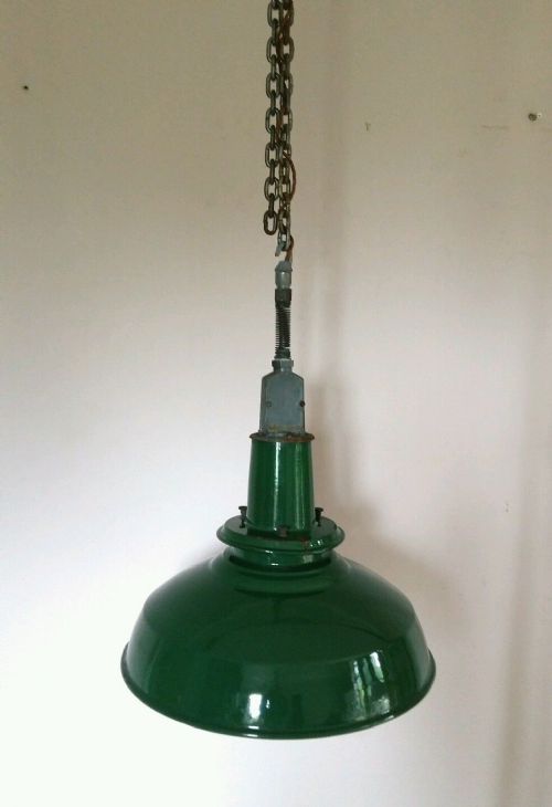 fig 2. Pair Vintage Original Large Green Enamel Industrial Ceiling Lamps. Rewired
