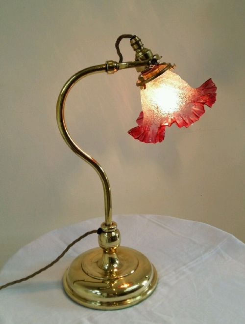 C1910 Edwardian Brass Adjustable Table Lamp Cranberry Shade