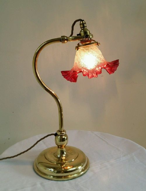 fig 1. C1910 Edwardian Brass Adjustable Table Lamp Cranberry Shade