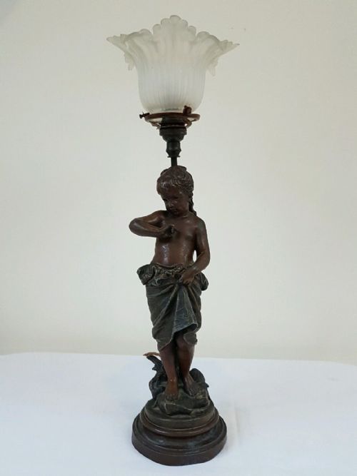 French C1900 Signed Bronze Table Lamp Young Girl Figure