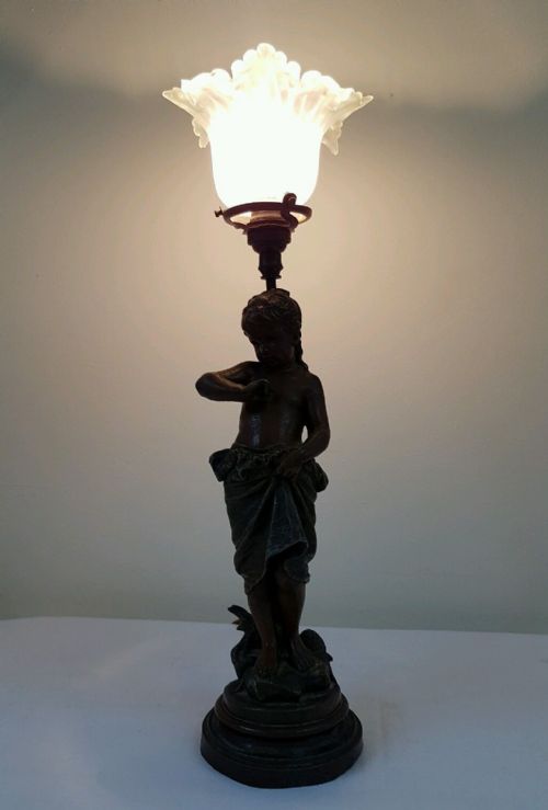 fig 1. French c1900 Signed Bronze Table Lamp Young Girl Figure