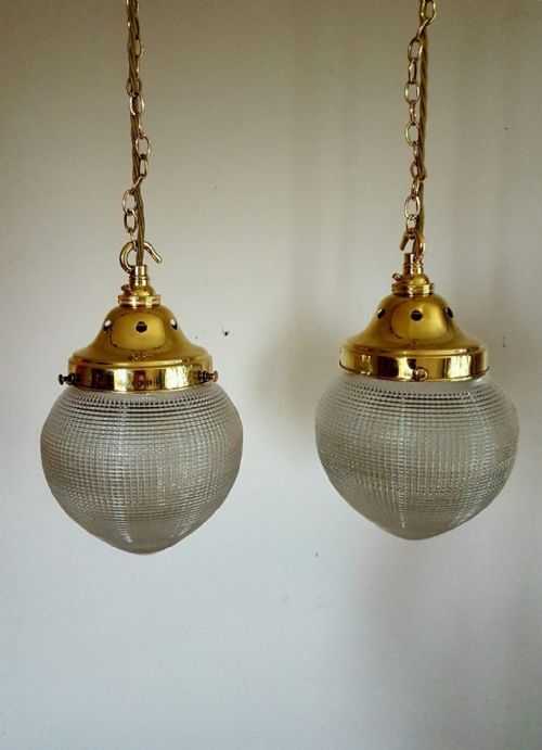 Pair C1900 Globe Holophane Prism Ceiling Lights