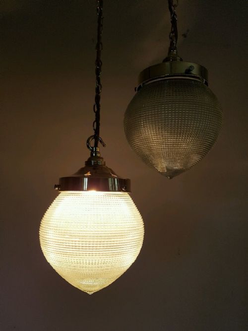 fig 1. Pair c1900 Globe Holophane Prism Ceiling Lights