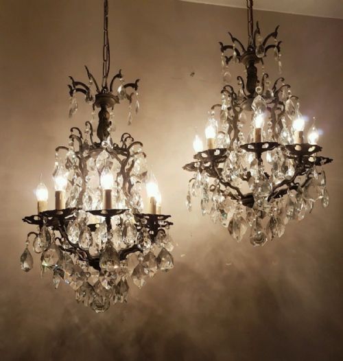 Pair French C1910 8 Arm Gilt Brass Crystal Chandeliers
