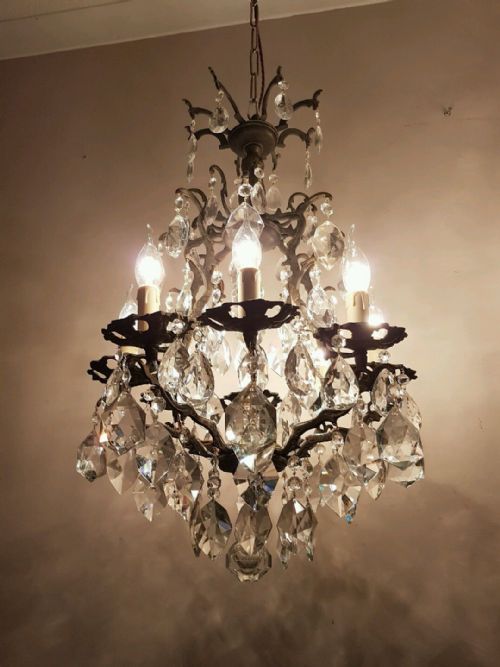 fig 1. Pair French c1910 8 Arm Gilt Brass Crystal Chandeliers