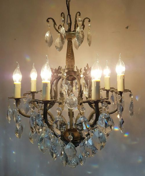French C1910 Birdcage 7 Arm Gilt Brass Crystal Chandelier