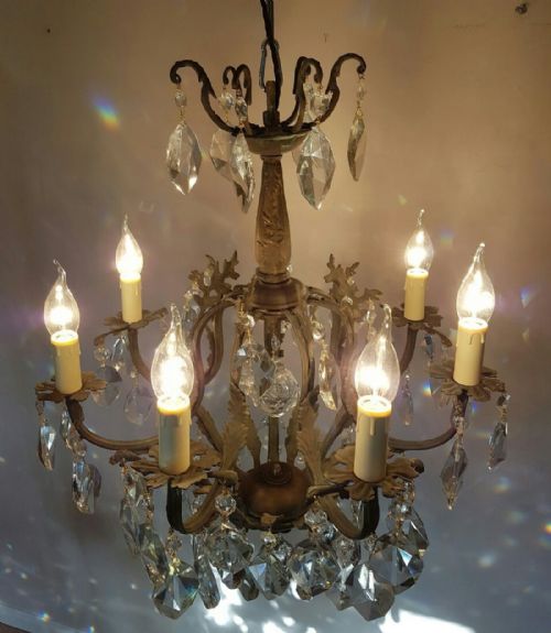 fig 1. French c1910 Birdcage 7 Arm Gilt Brass Crystal Chandelier