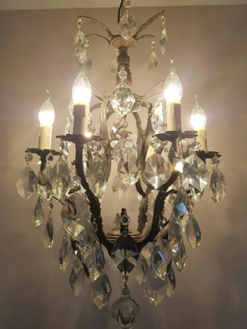 French C1910 Birdcage 6 Arm Gilt Brass Crystal Chandelier