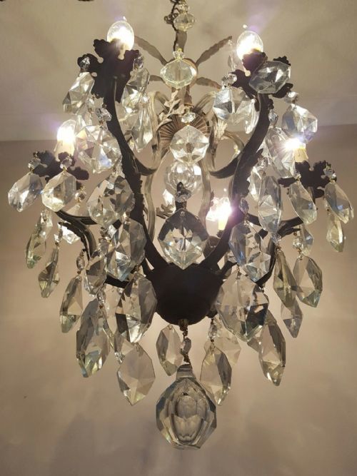 fig 1. French c1910 Birdcage 6 Arm Gilt Brass Crystal Chandelier
