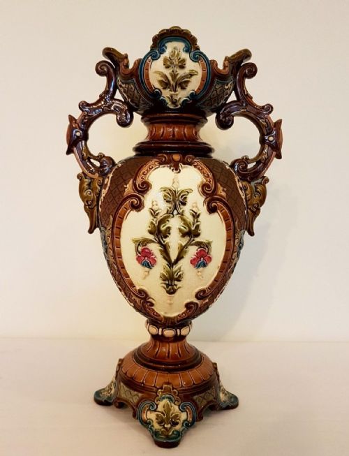 Large Magnificent Wilhelm Schiller Majolica Dolphin Handled Vase C19th