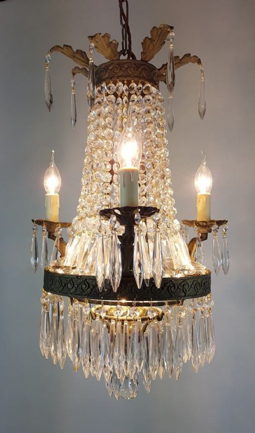French C1910 Small 3 Arm Gilt Brass Bag Chandelier