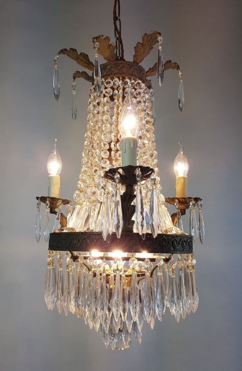 fig 1. French c1910 Small 3 Arm Gilt Brass Bag Chandelier