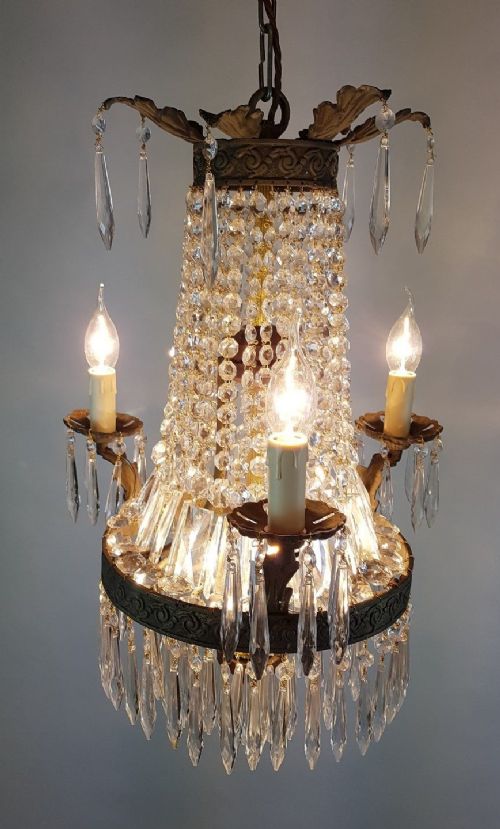 fig 2. French c1910 Small 3 Arm Gilt Brass Bag Chandelier
