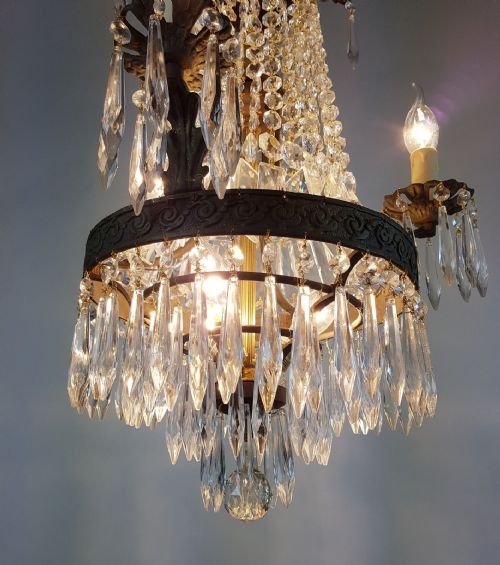 fig 3. French c1910 Small 3 Arm Gilt Brass Bag Chandelier