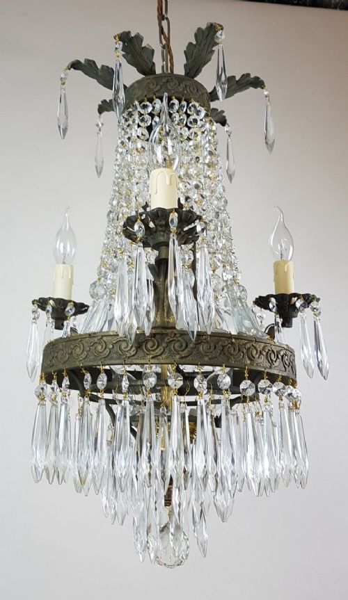 fig 4. French c1910 Small 3 Arm Gilt Brass Bag Chandelier