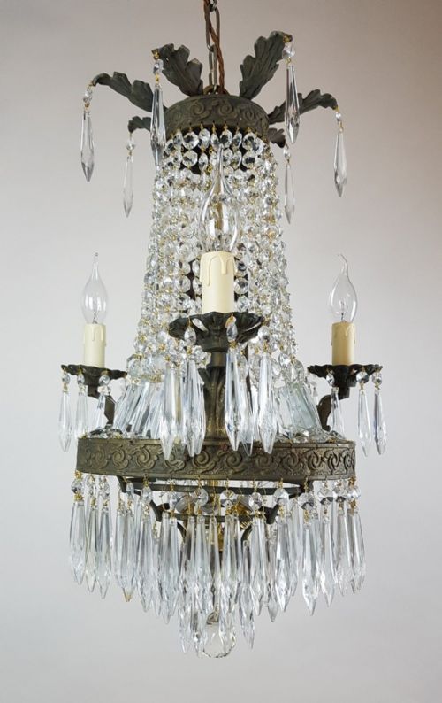 fig 5. French c1910 Small 3 Arm Gilt Brass Bag Chandelier