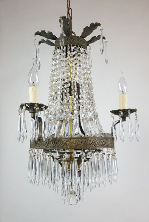 fig 6. French c1910 Small 3 Arm Gilt Brass Bag Chandelier