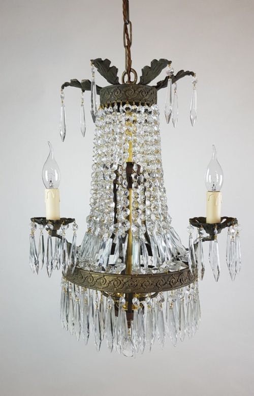 fig 7. French c1910 Small 3 Arm Gilt Brass Bag Chandelier