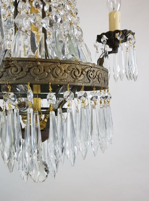 fig 10. French c1910 Small 3 Arm Gilt Brass Bag Chandelier