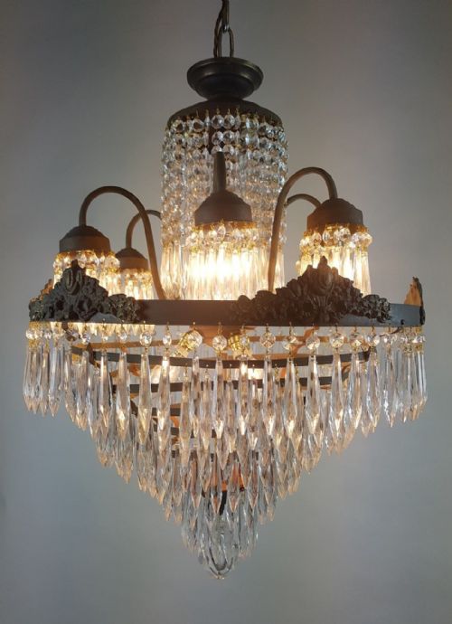 C1910 Waterfall Gilt Brass Chandelier with 6 Arms