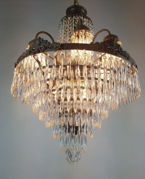 fig 1. c1910 Waterfall Gilt Brass Chandelier with 6 Arms