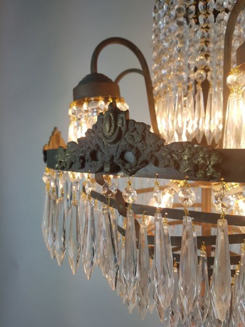 fig 2. c1910 Waterfall Gilt Brass Chandelier with 6 Arms